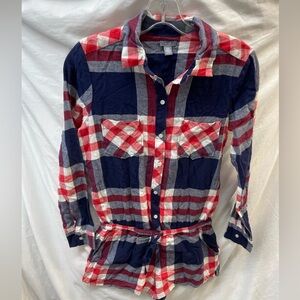Aerie red and Blue Plaid Button-Up flannel draw string romper ladies sz XS